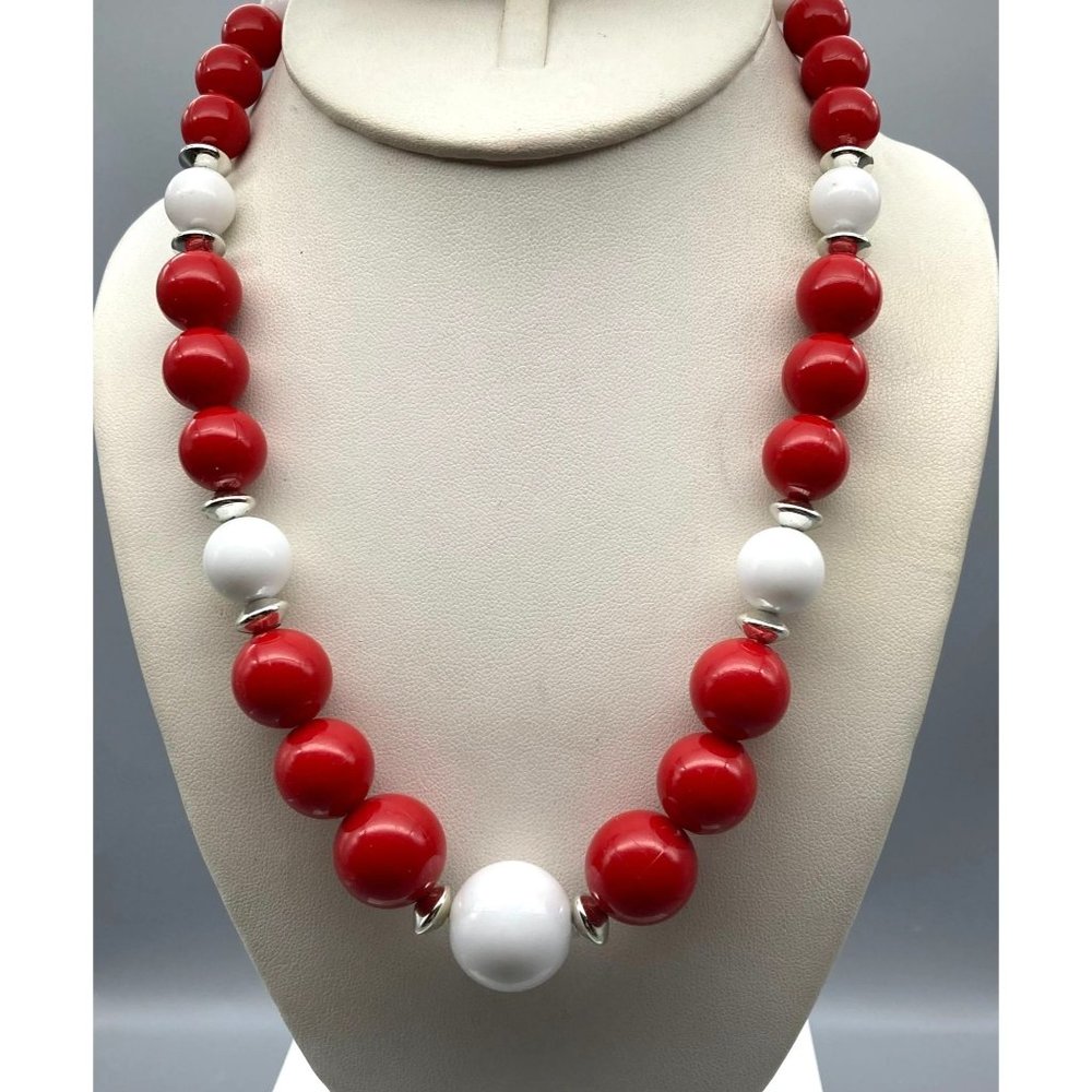 Vintage Lucite Graduated Strand Necklace with Red and White Beads and Silver